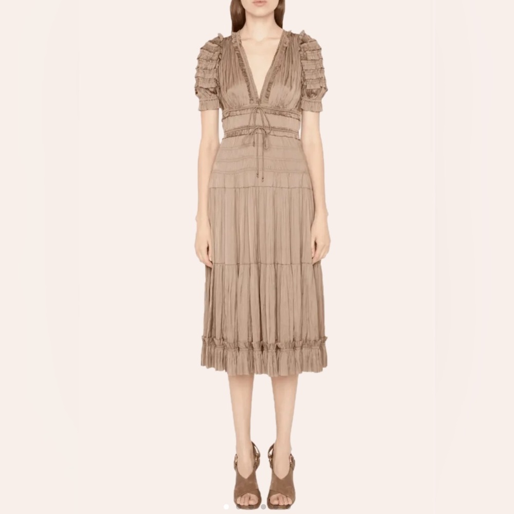 NWT Ulla Johnson Carine fawn Brown Pleated Satin Midi Dress 4 sold out